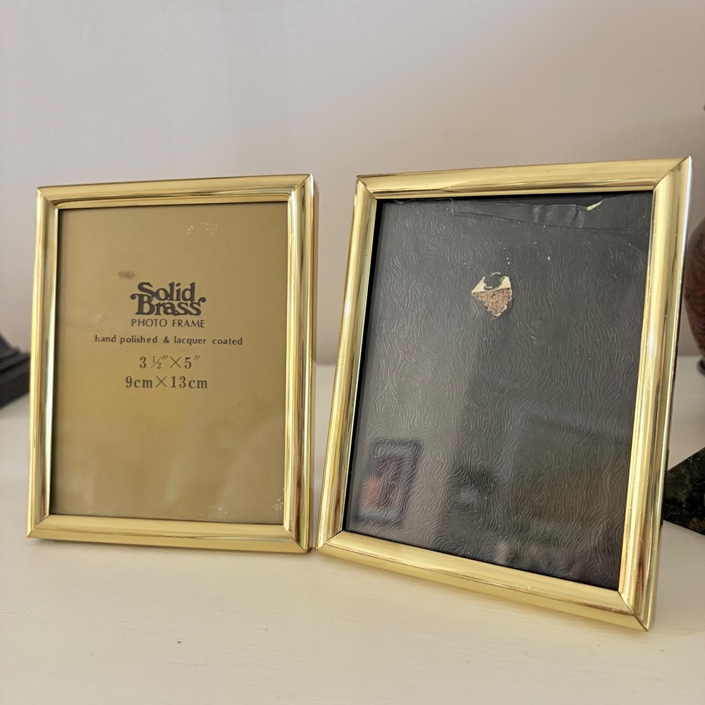 Vintage Solid Brass Photo Frames Set of 2 Hand Polished Lacquer Coated 3.5x5